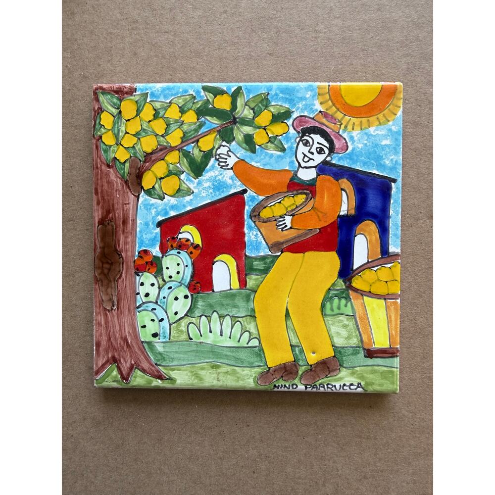 Vintage Italian Hand Painted Ceramic Tile, Signed by Nino Parrucca